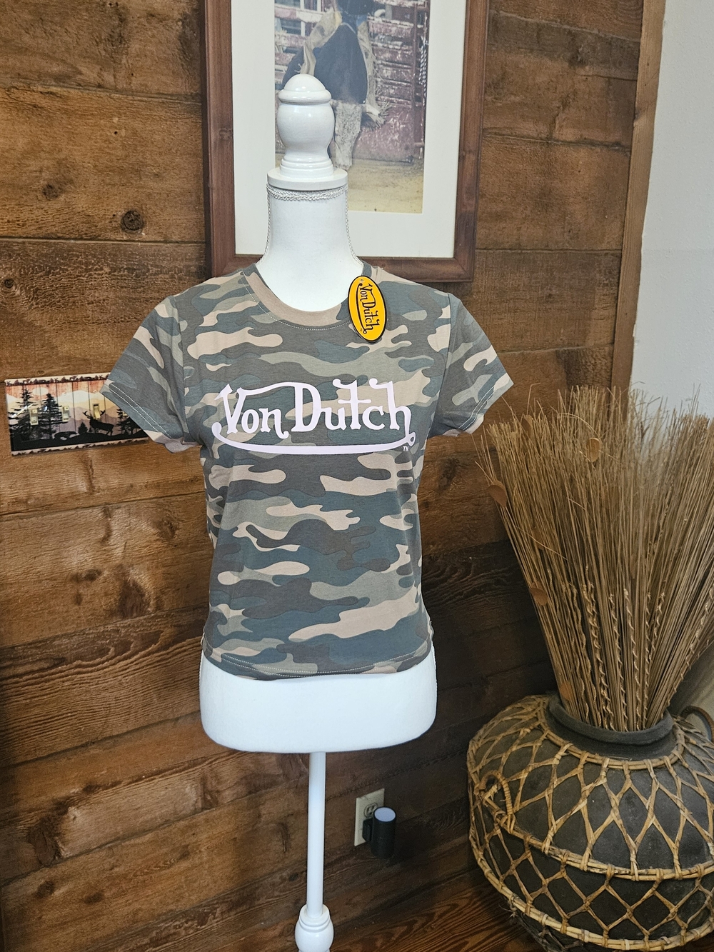 Von Dutch Pink Logo Green Camo Short Sleeve Tee